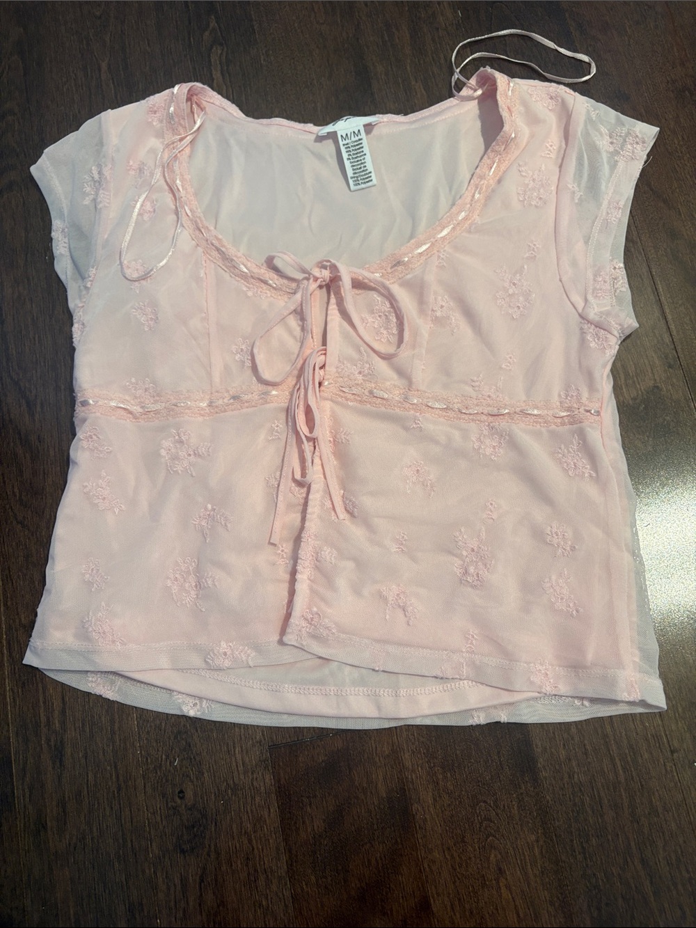 Japna Light Pink Sheer Embroidered Tie-Front Blouse